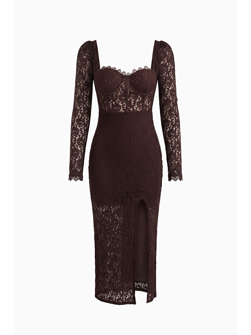 Kadın Kahverengi Dantel Detaylı Yırtmaçlı Uzun Elbise-6