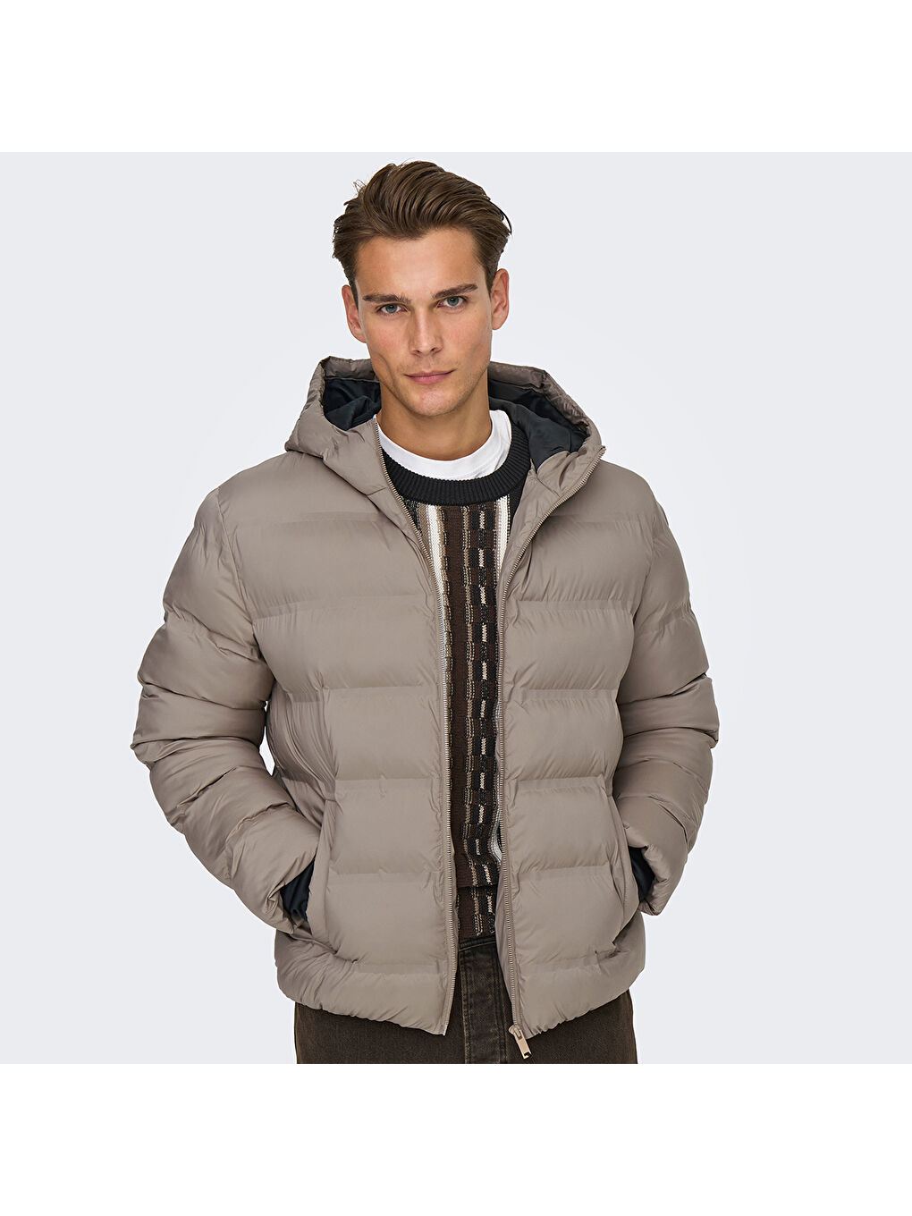 Union Seamless Life Puffer Erkek Bej Kapüşonlu Şişme Mont-1