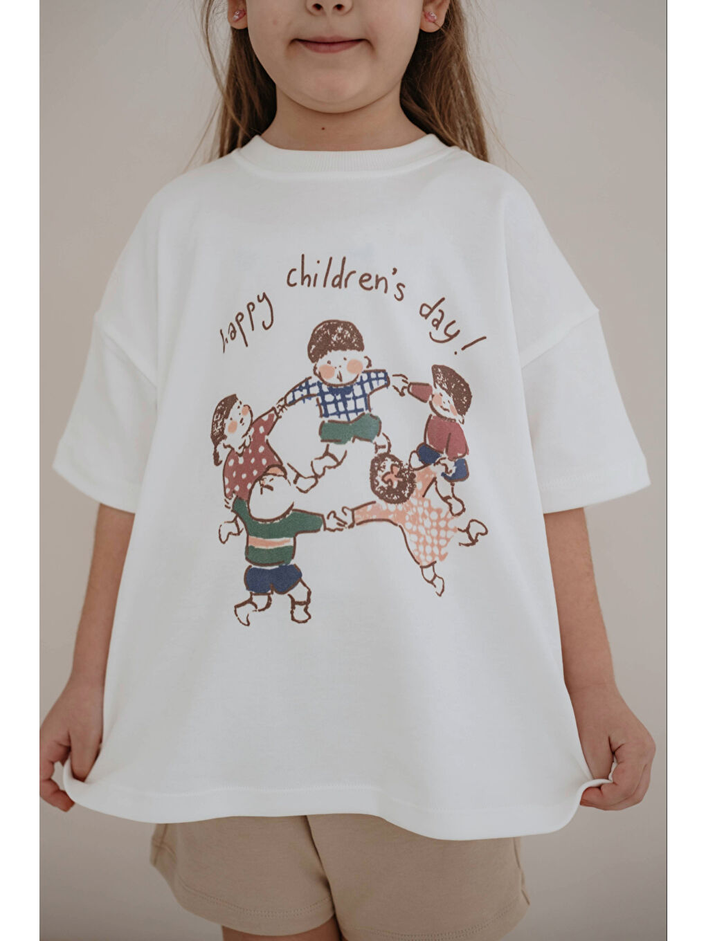 Ekru Happy Çocuk Baskılı Oversize Kısa Kollu T-shirt-1