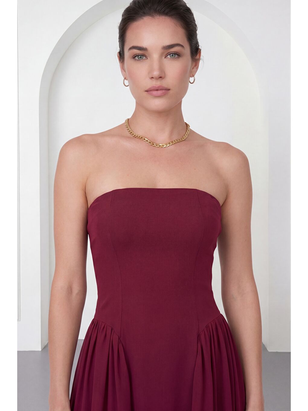 Kadın Bordo Straplez Yaka Midi Davet Elbisesi-3