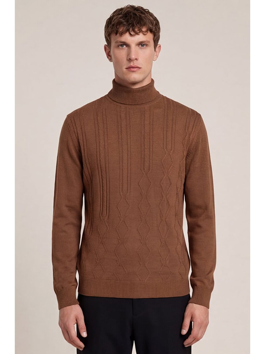 Kahverengi Erkek Kahve Dar Kesim Slim Fit Yünlü Yarım Balıkçı Yaka Triko Kazak