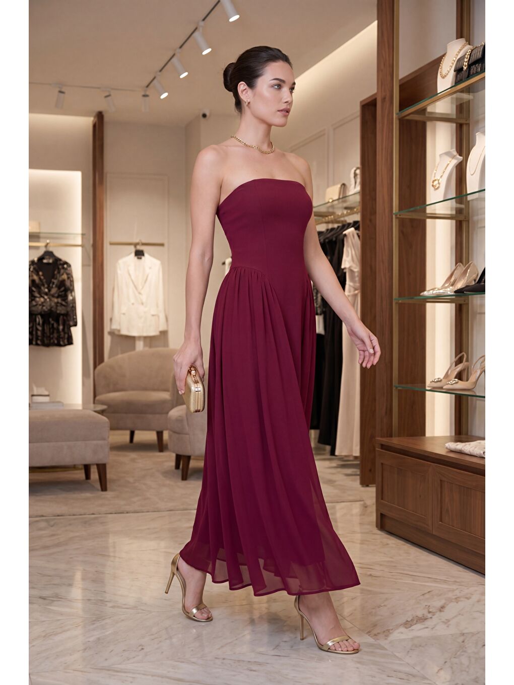 Kadın Bordo Straplez Yaka Midi Davet Elbisesi-4