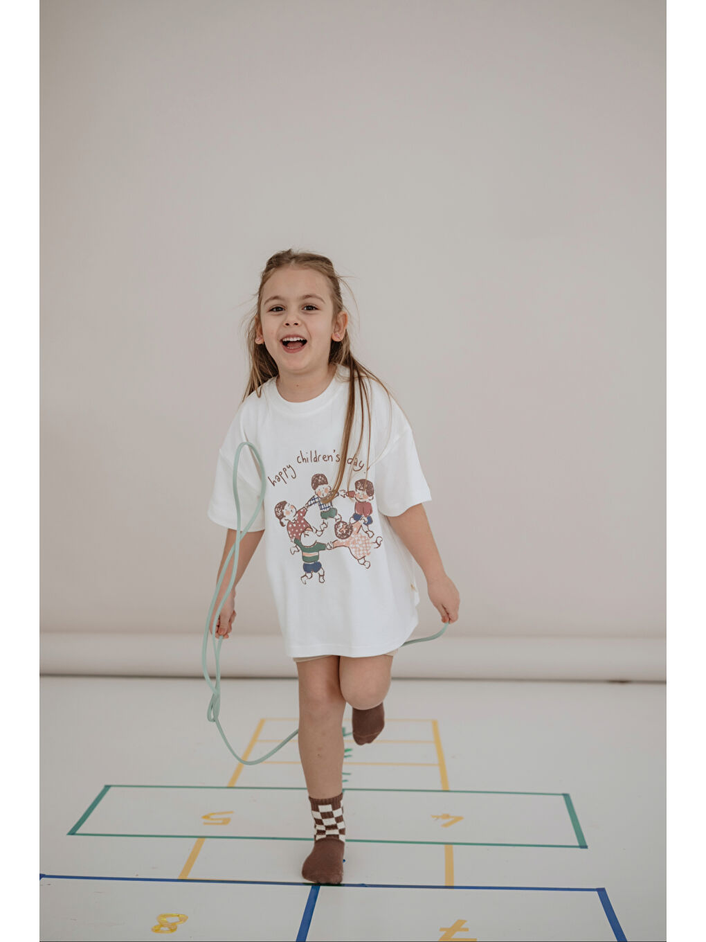 Ekru Happy Çocuk Baskılı Oversize Kısa Kollu T-shirt-3