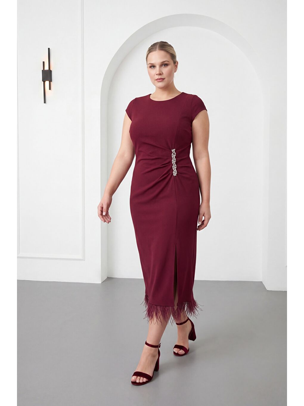 Kadın Bordo Büyük Beden Otrişli Örme Midi Abiye Elbise