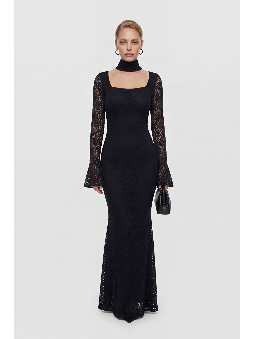 Kadın Siyah Şal Yaka Uzun Dantel Davet Elbisesi-1