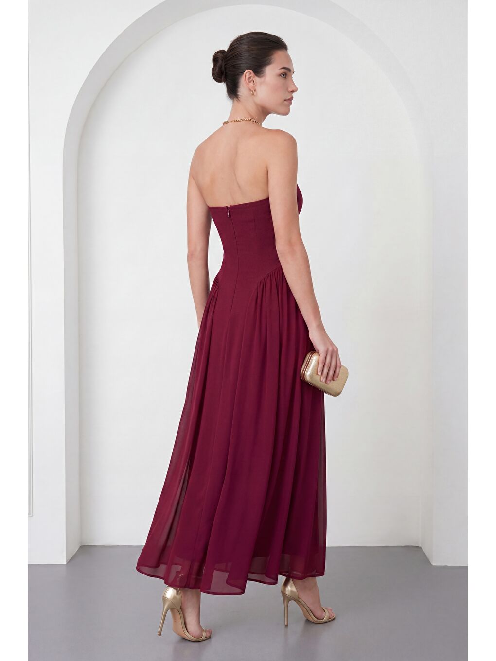 Kadın Bordo Straplez Yaka Midi Davet Elbisesi-5
