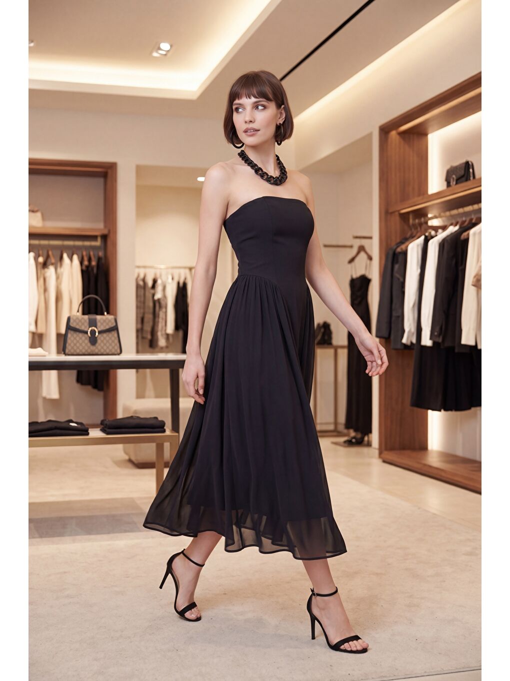 Kadın Siyah Straplez Yaka Midi Davet Elbisesi-4