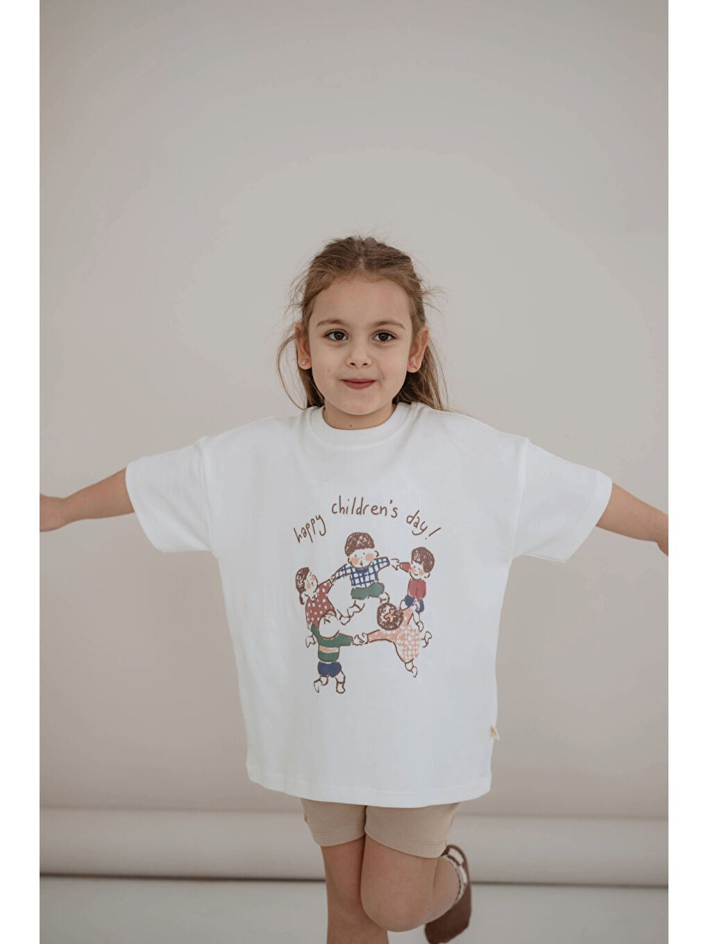 Ekru Happy Çocuk Baskılı Oversize Kısa Kollu T-shirt-4