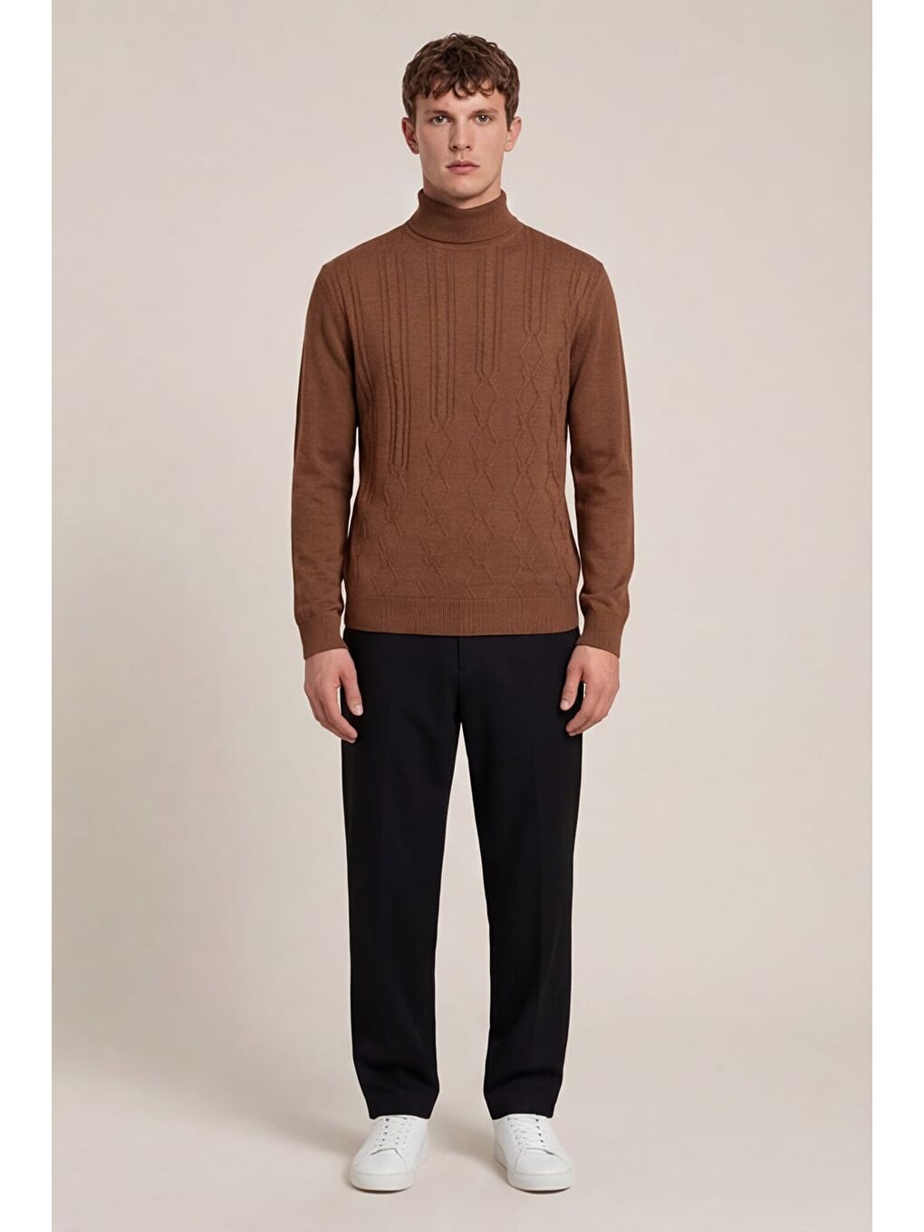 Kahverengi Erkek Kahve Dar Kesim Slim Fit Yünlü Yarım Balıkçı Yaka Triko Kazak-1