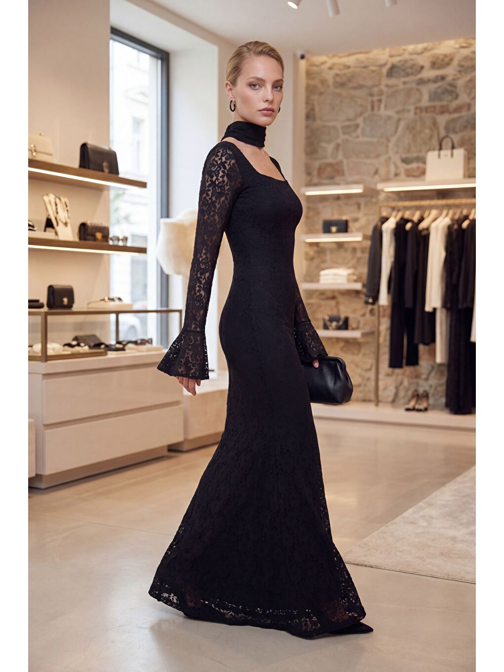 Kadın Siyah Şal Yaka Uzun Dantel Davet Elbisesi-4