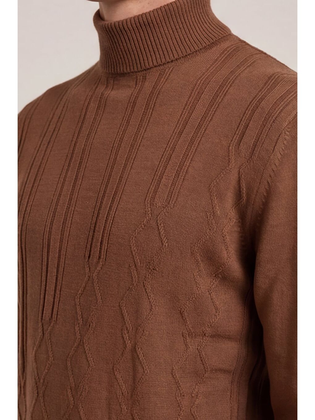 Kahverengi Erkek Kahve Dar Kesim Slim Fit Yünlü Yarım Balıkçı Yaka Triko Kazak-2