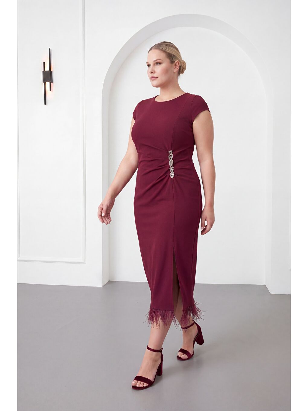 Kadın Bordo Büyük Beden Otrişli Örme Midi Abiye Elbise-1