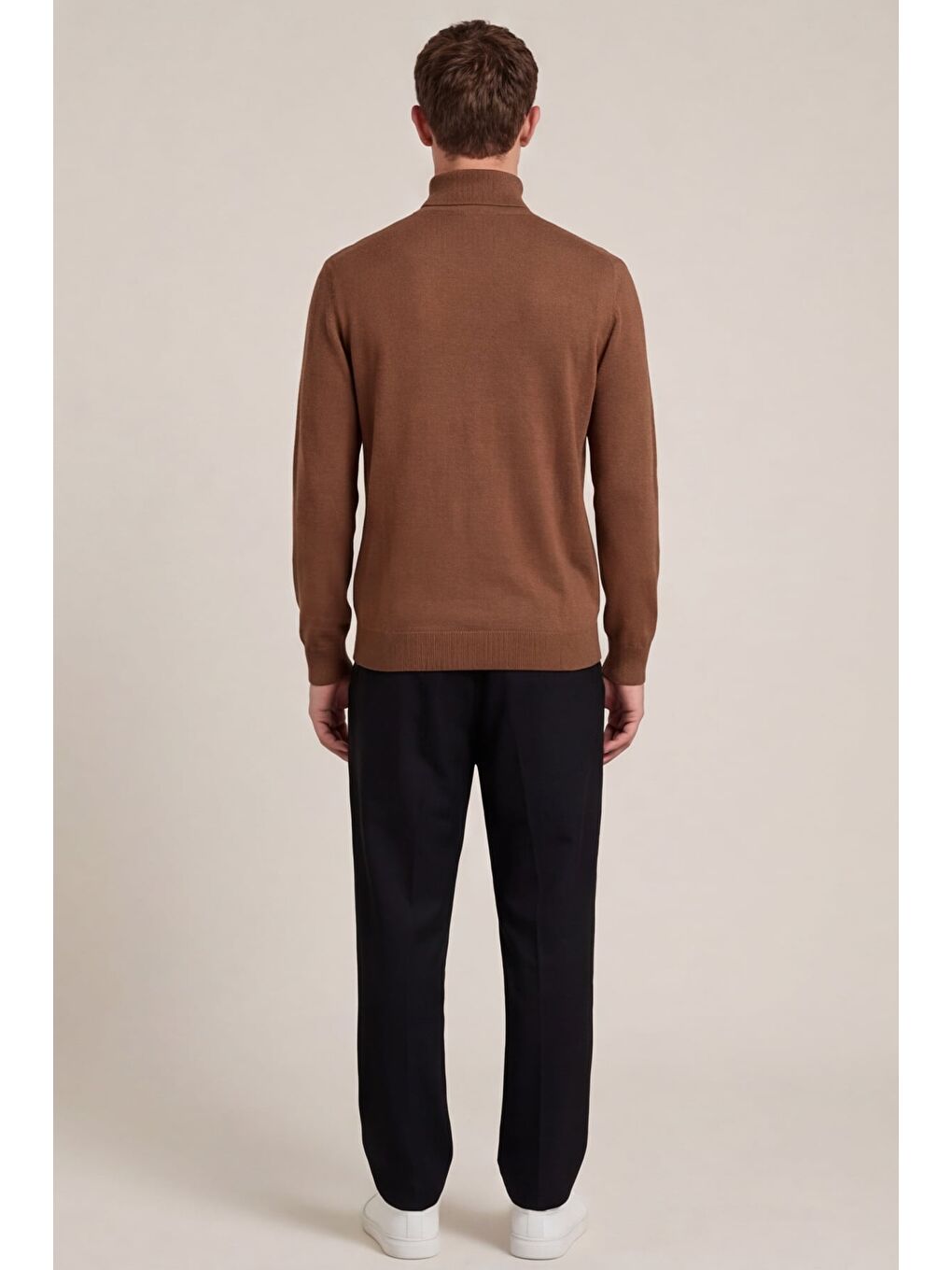 Kahverengi Erkek Kahve Dar Kesim Slim Fit Yünlü Yarım Balıkçı Yaka Triko Kazak-3