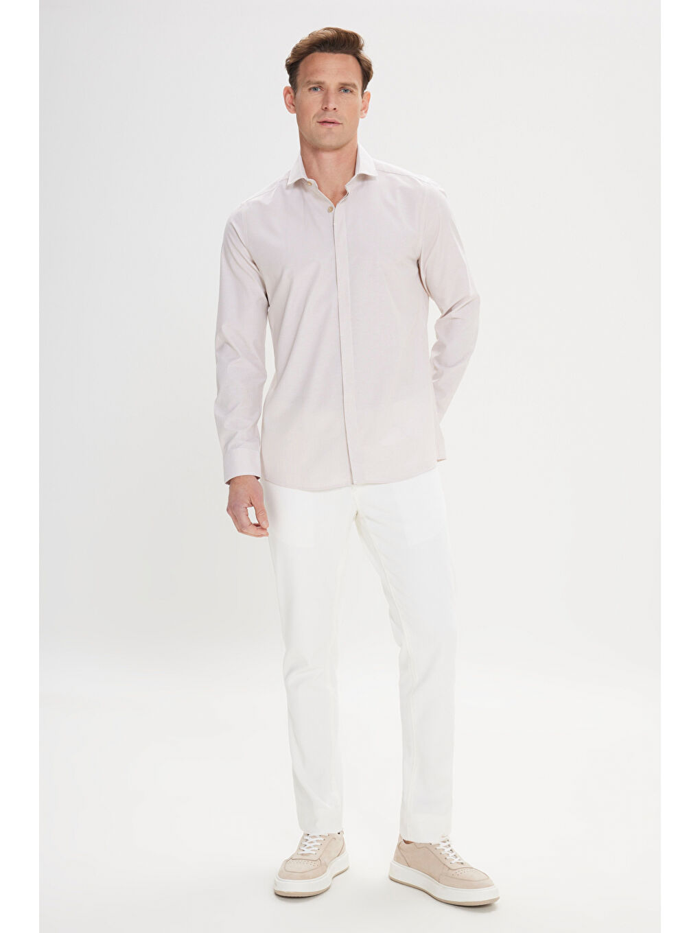 Bej Erkek Beyaz-Vizon Slim Fit Dar Kesim Klasik Yaka Pamuklu Armürlü Gömlek-1