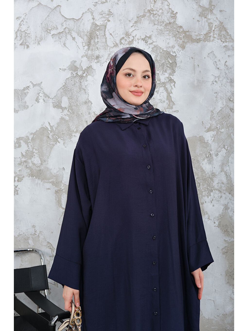 Kadın Gömlek Yaka Düğmeli Elbise Lacivert-1