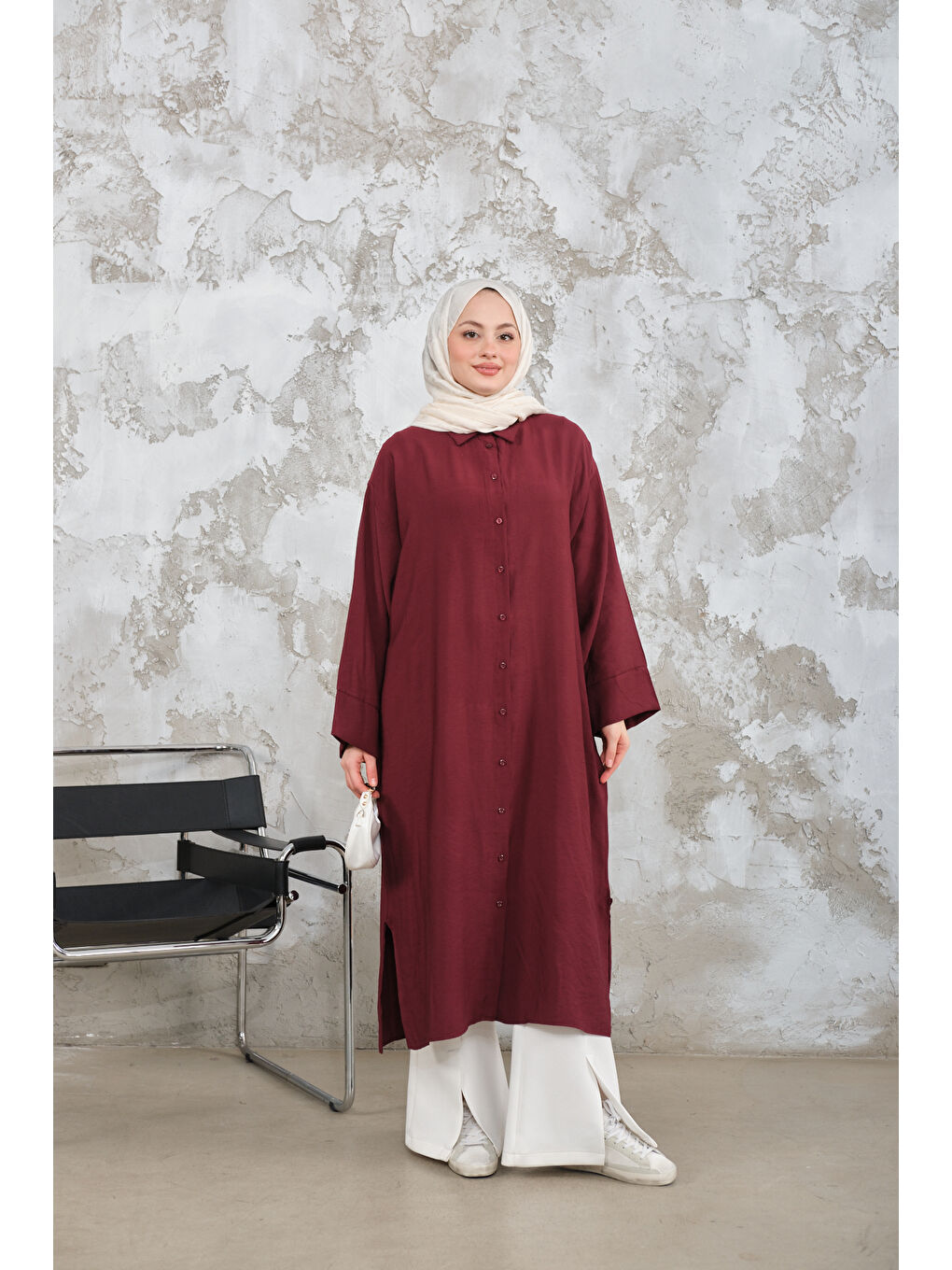 Kadın Gömlek Yaka Düğmeli Elbise Bordo
