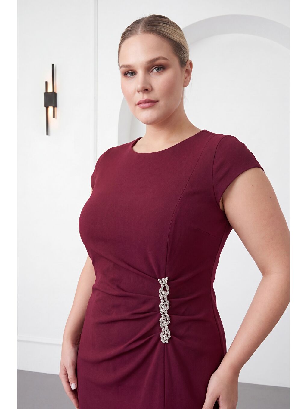 Kadın Bordo Büyük Beden Otrişli Örme Midi Abiye Elbise-2