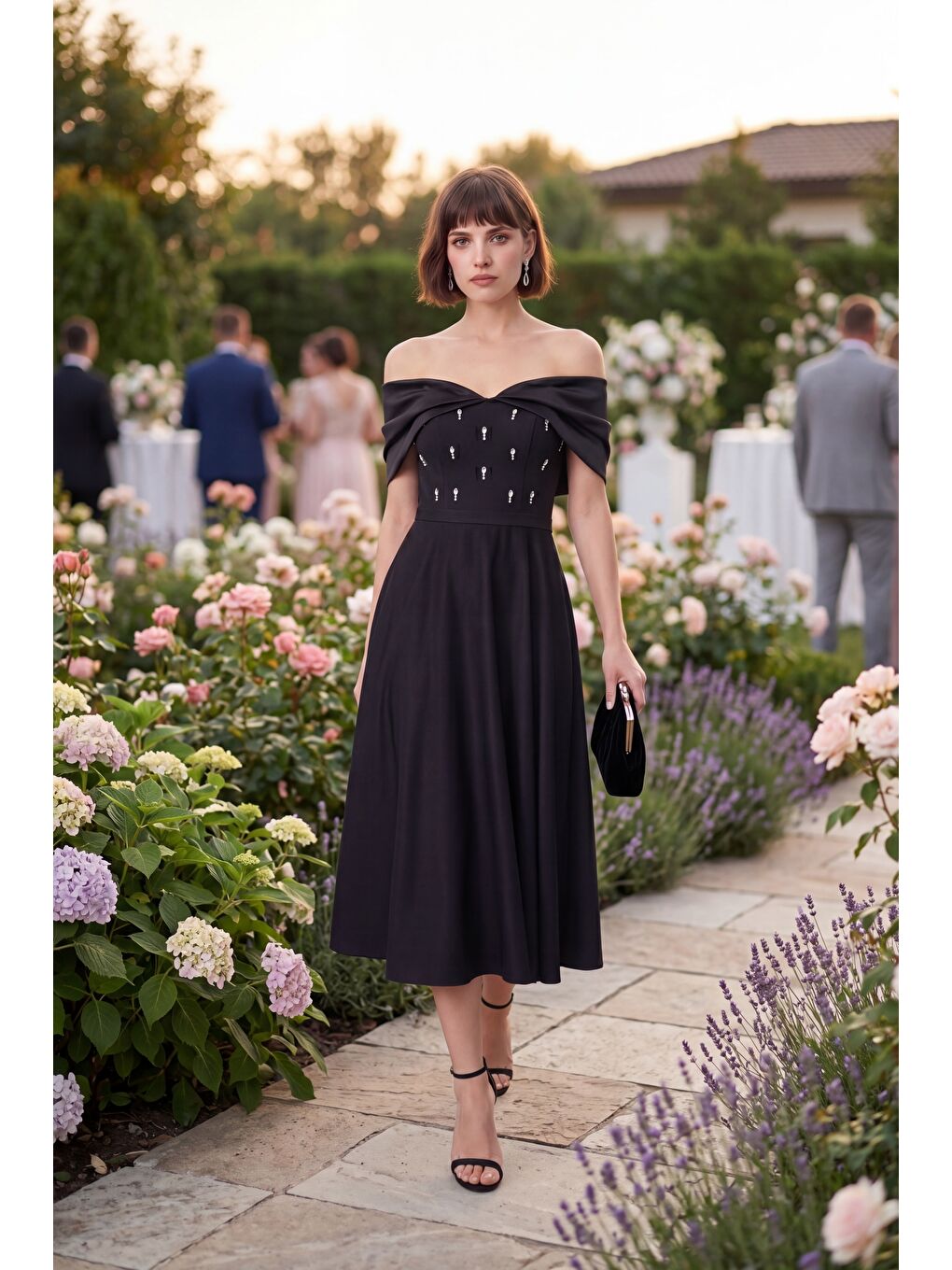 Kadın Siyah Kayık Yaka Taş Detay Kloş Söz Nişan Nikah Abiye Elbise-4