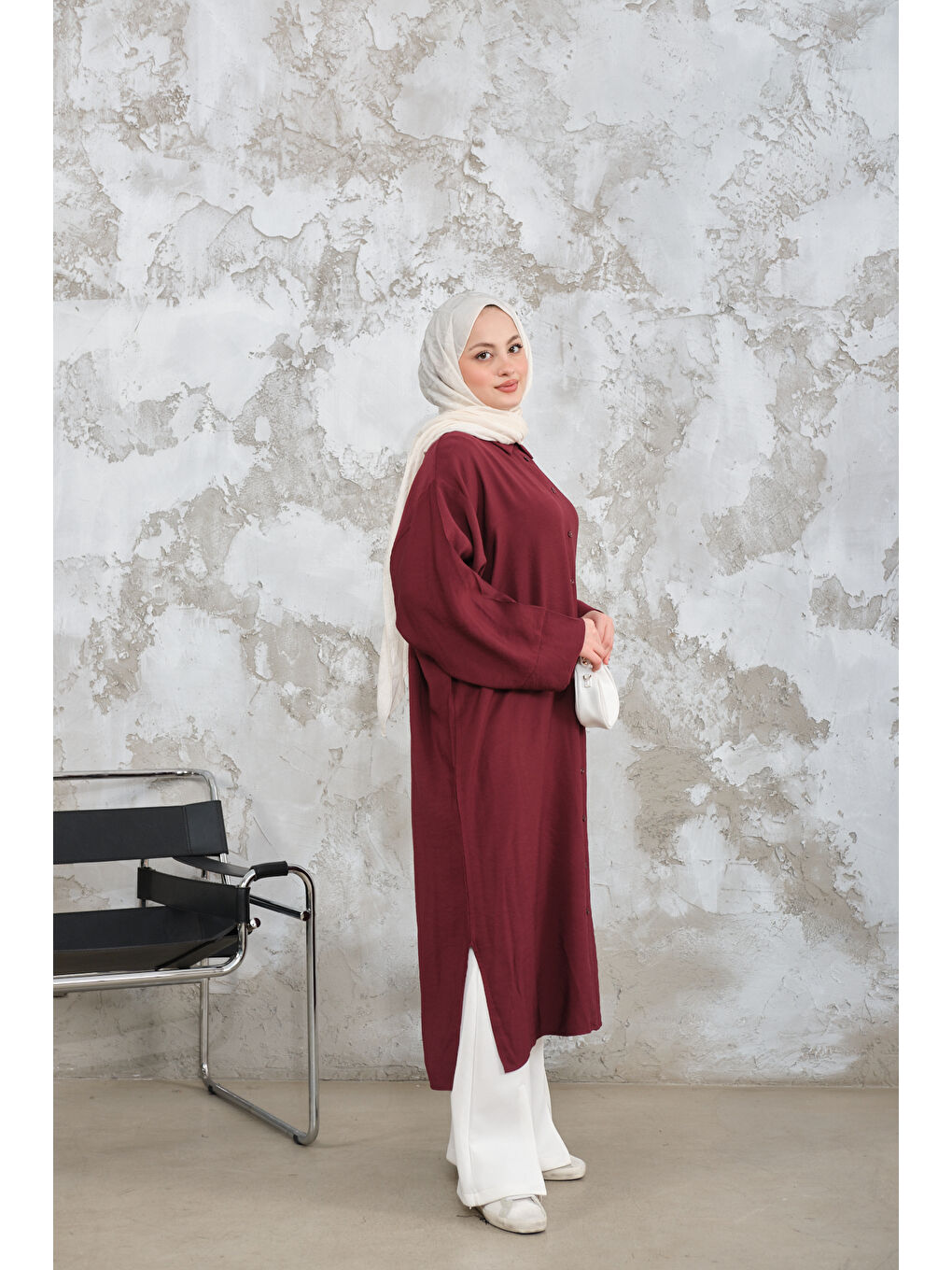 Kadın Gömlek Yaka Düğmeli Elbise Bordo-1