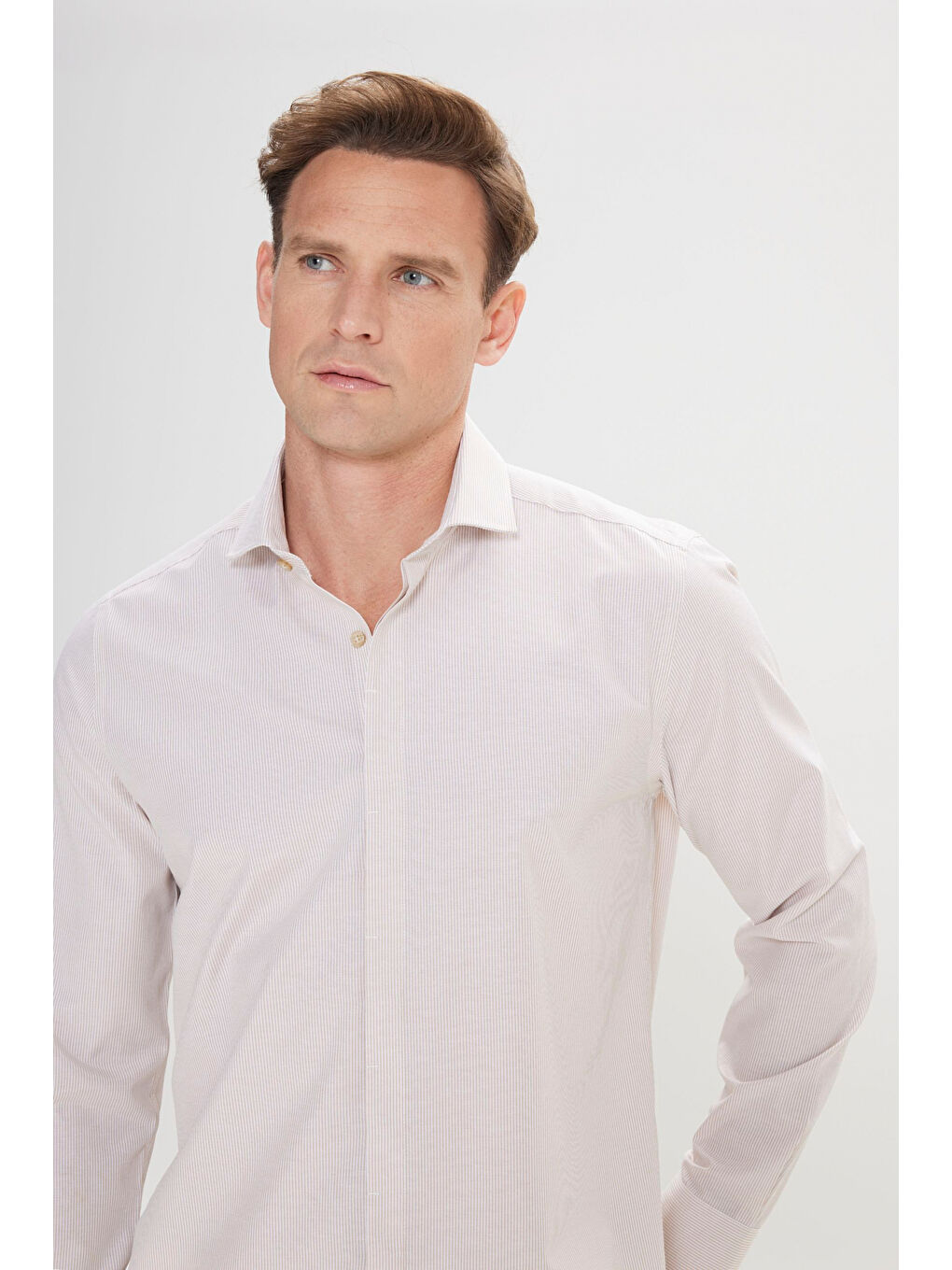 Bej Erkek Beyaz-Vizon Slim Fit Dar Kesim Klasik Yaka Pamuklu Armürlü Gömlek-2