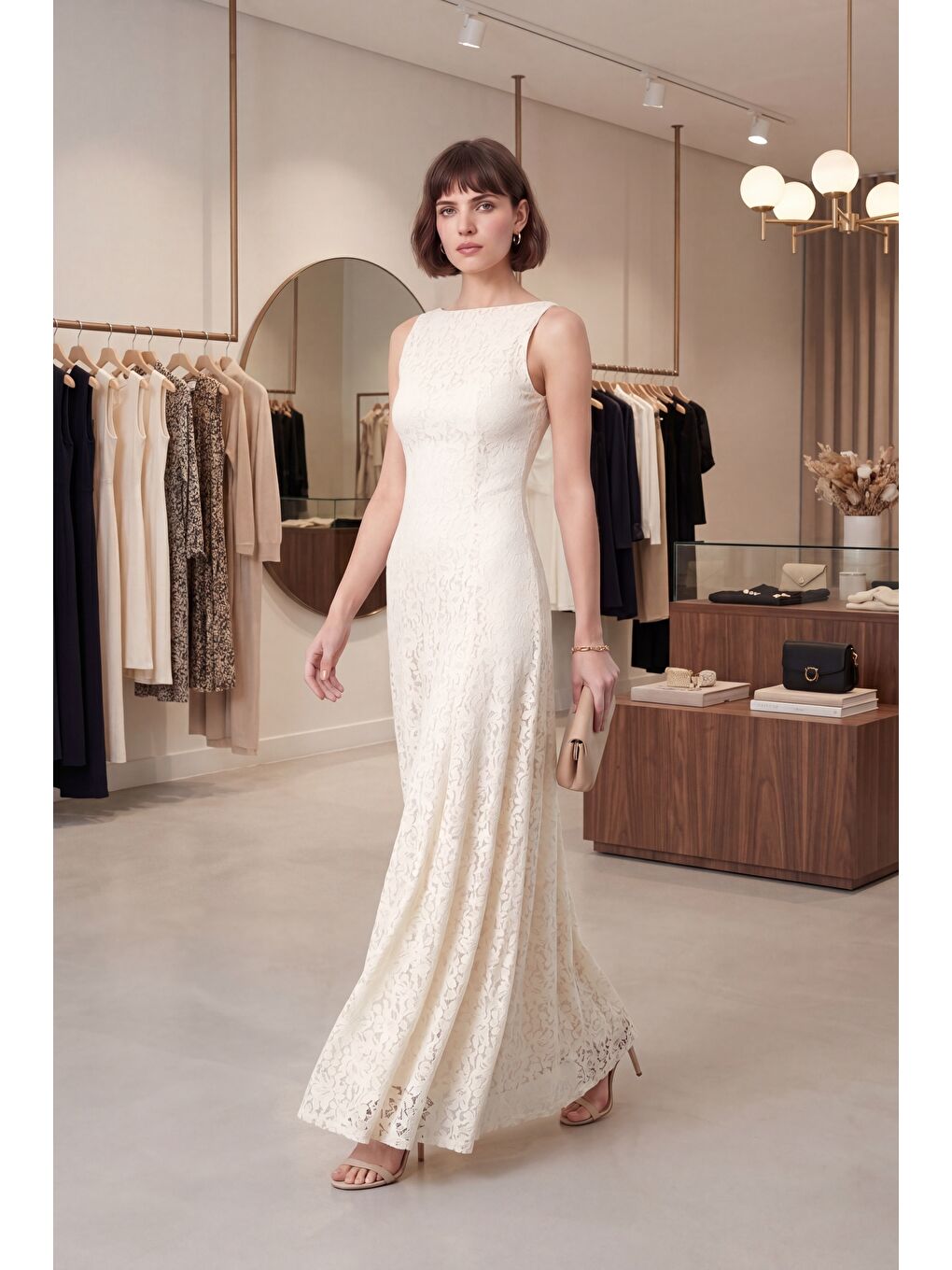 Kadın Bej Bisiklet Yaka Dantelli Uzun Davet Elbisesi-4