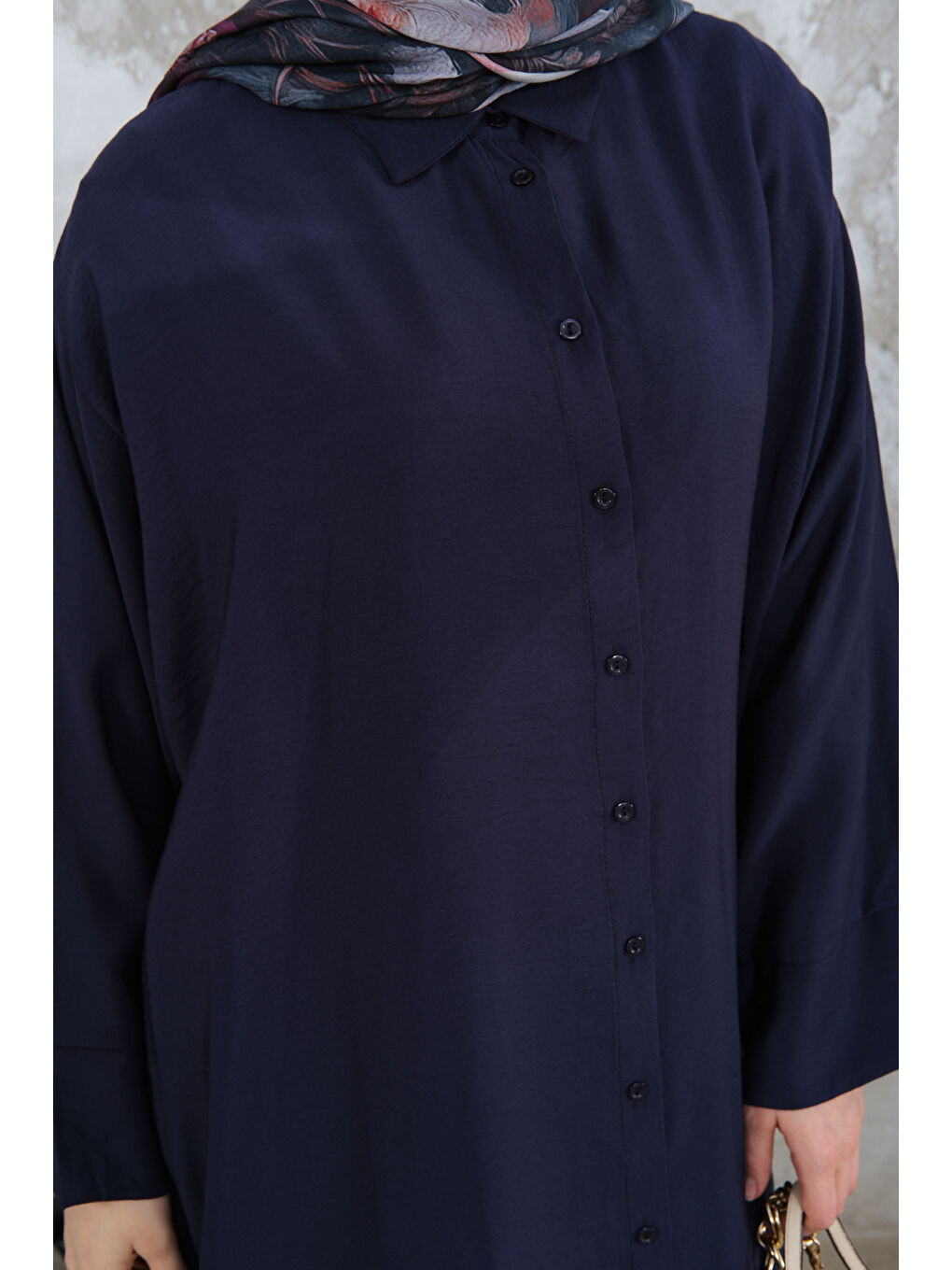 Kadın Gömlek Yaka Düğmeli Elbise Lacivert-4