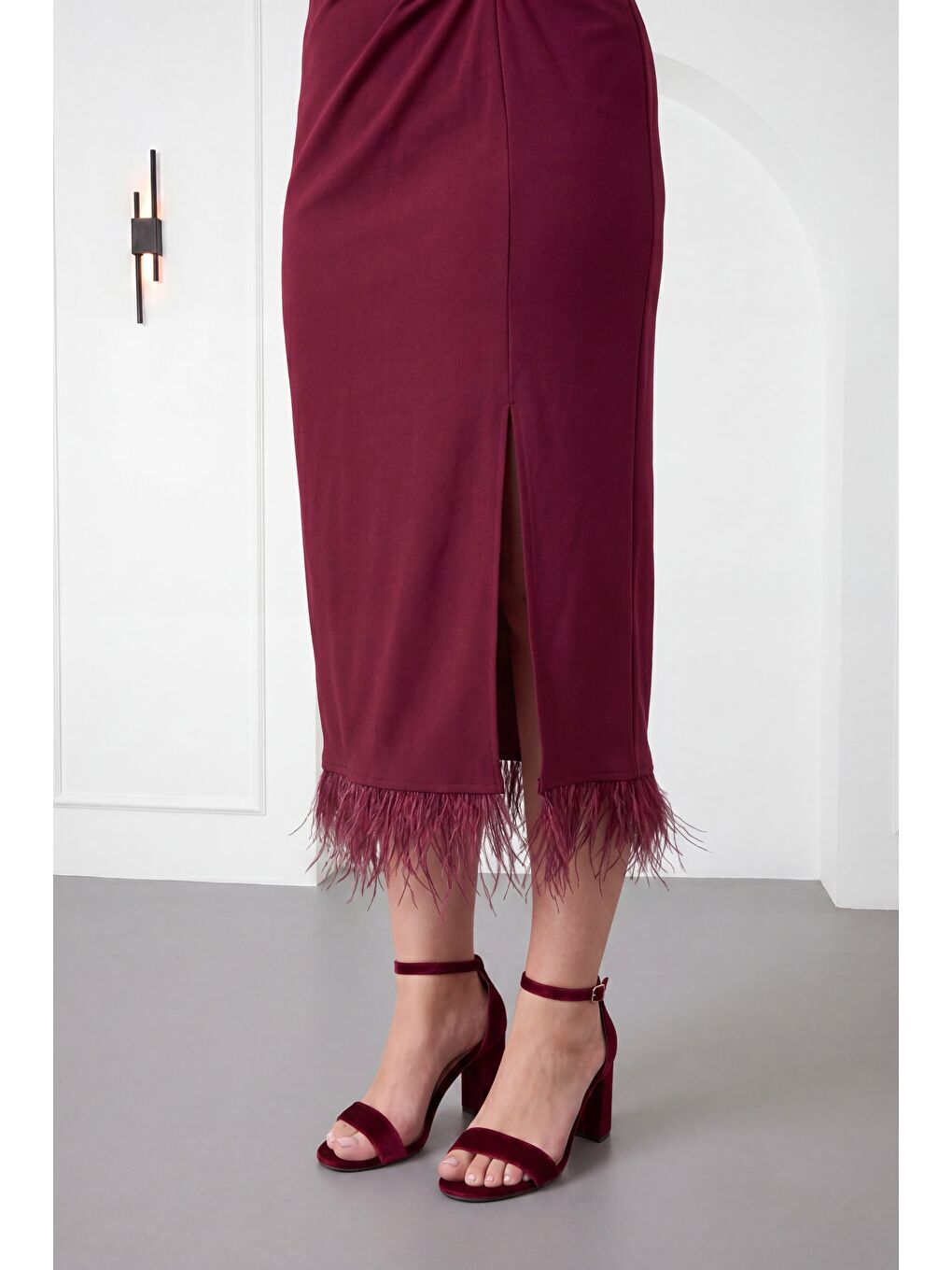 Kadın Bordo Büyük Beden Otrişli Örme Midi Abiye Elbise-3