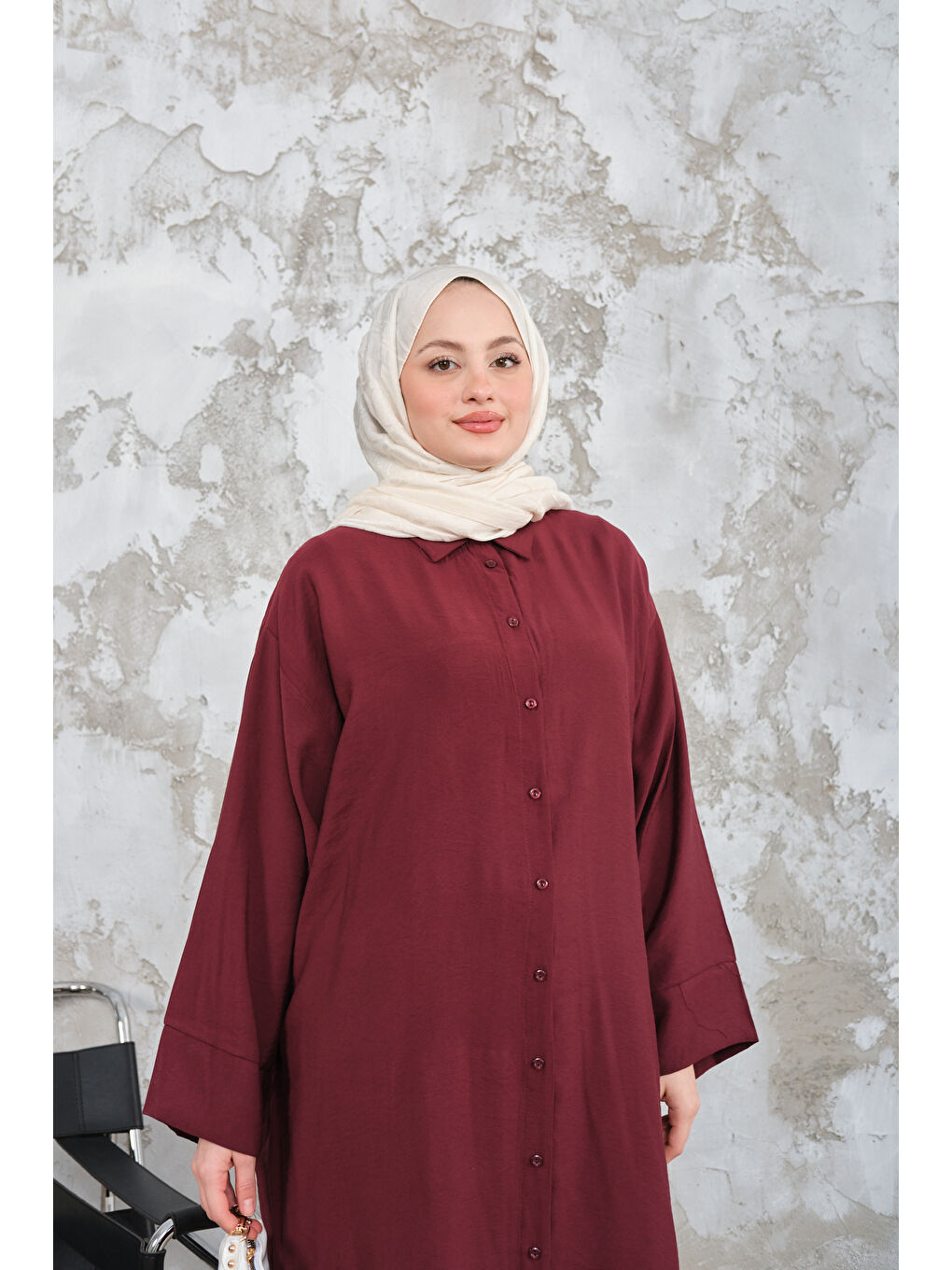 Kadın Gömlek Yaka Düğmeli Elbise Bordo-3