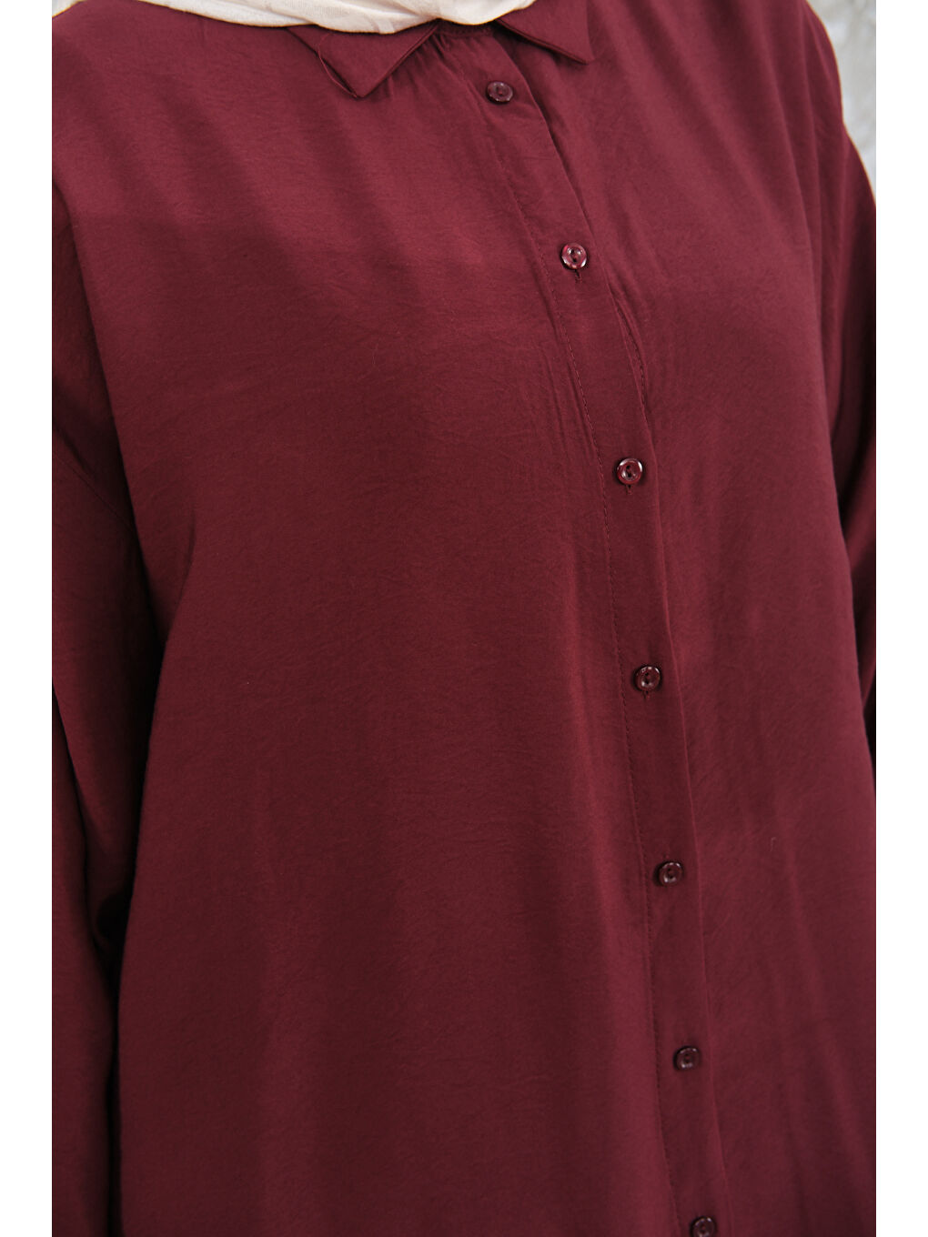 Kadın Gömlek Yaka Düğmeli Elbise Bordo-4