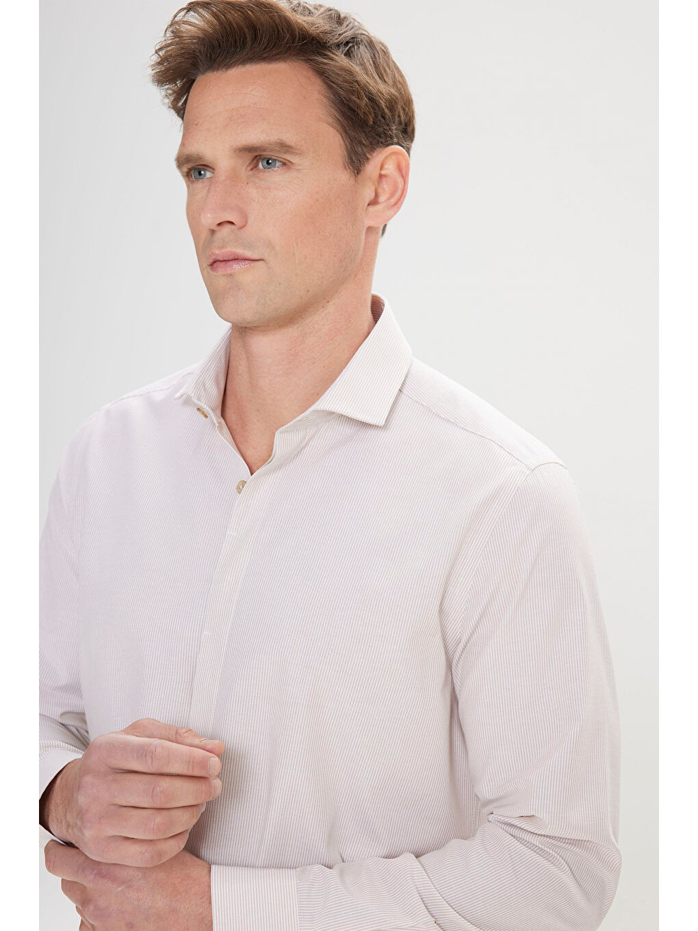 Bej Erkek Beyaz-Vizon Slim Fit Dar Kesim Klasik Yaka Pamuklu Armürlü Gömlek-3