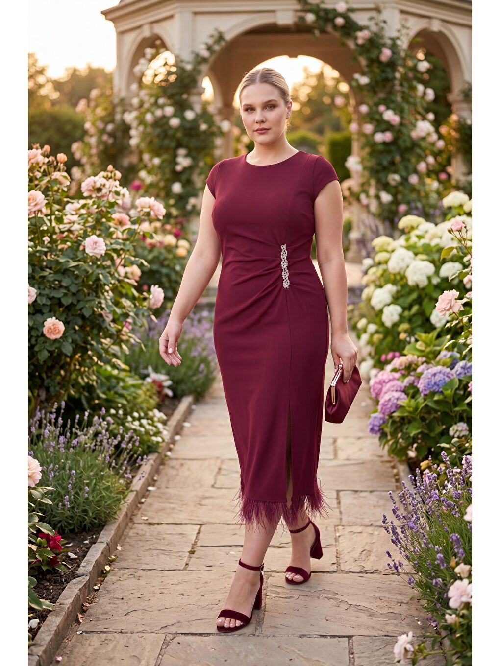 Kadın Bordo Büyük Beden Otrişli Örme Midi Abiye Elbise-4