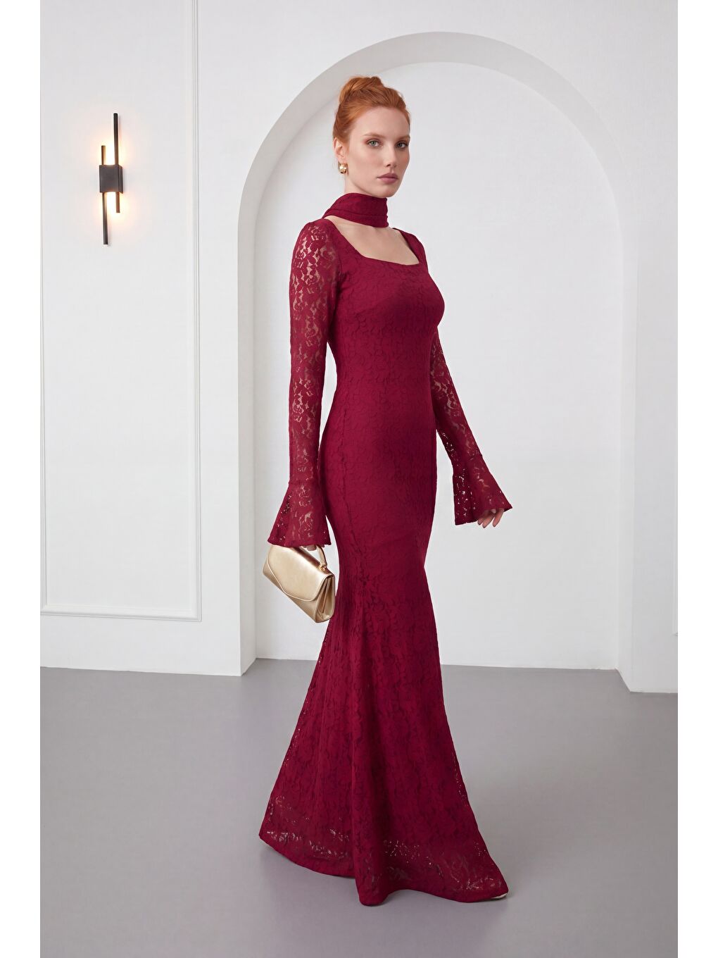 Kadın Bordo Şal Yaka Uzun Dantel Davet Elbisesi