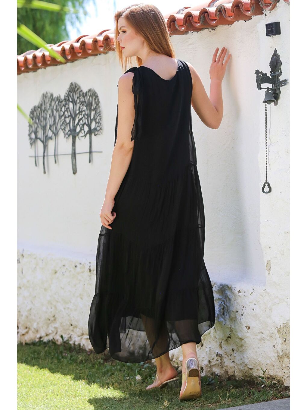 İtalyan Siyah Havuz Yaka Kolsuz Bağlamalı Astarlı Casual İpek Dokuma Elbise 130 65-1