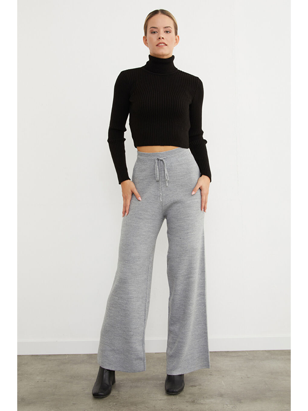 Gri Beli Lastikli Palazzo Triko Pantolon