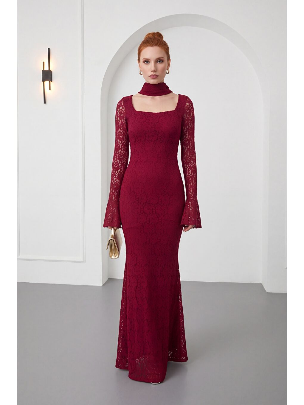 Kadın Bordo Şal Yaka Uzun Dantel Davet Elbisesi-1