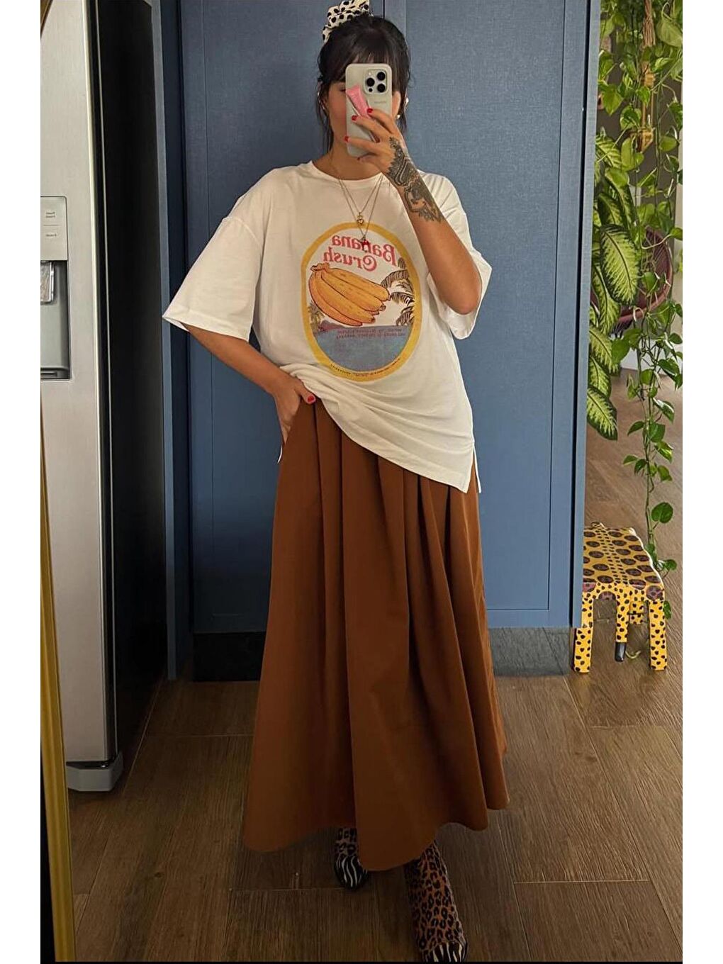 Ekru %100 Pamuklu Baskılı Kadın Tişört Mg2382-7