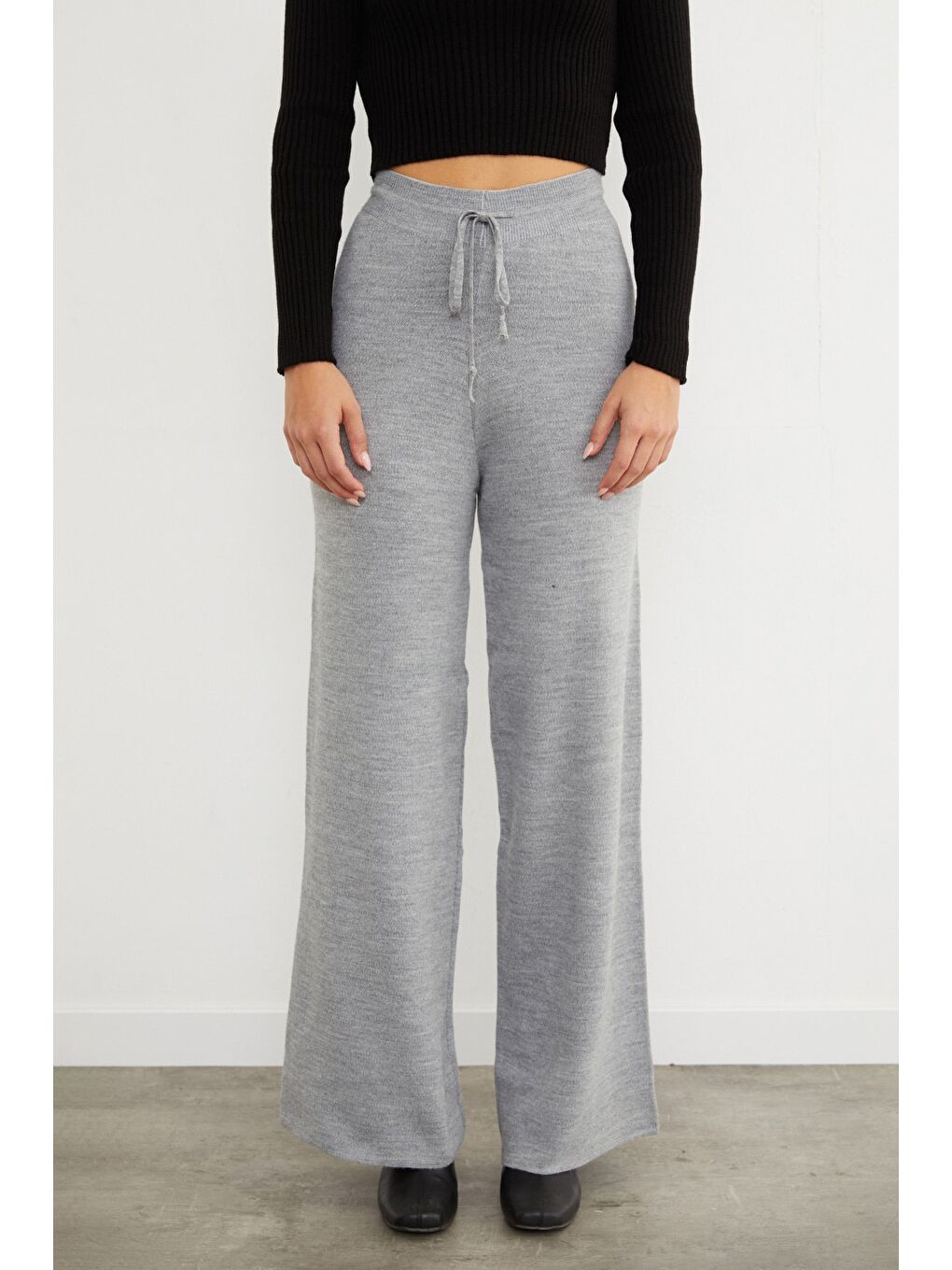 Gri Beli Lastikli Palazzo Triko Pantolon-1