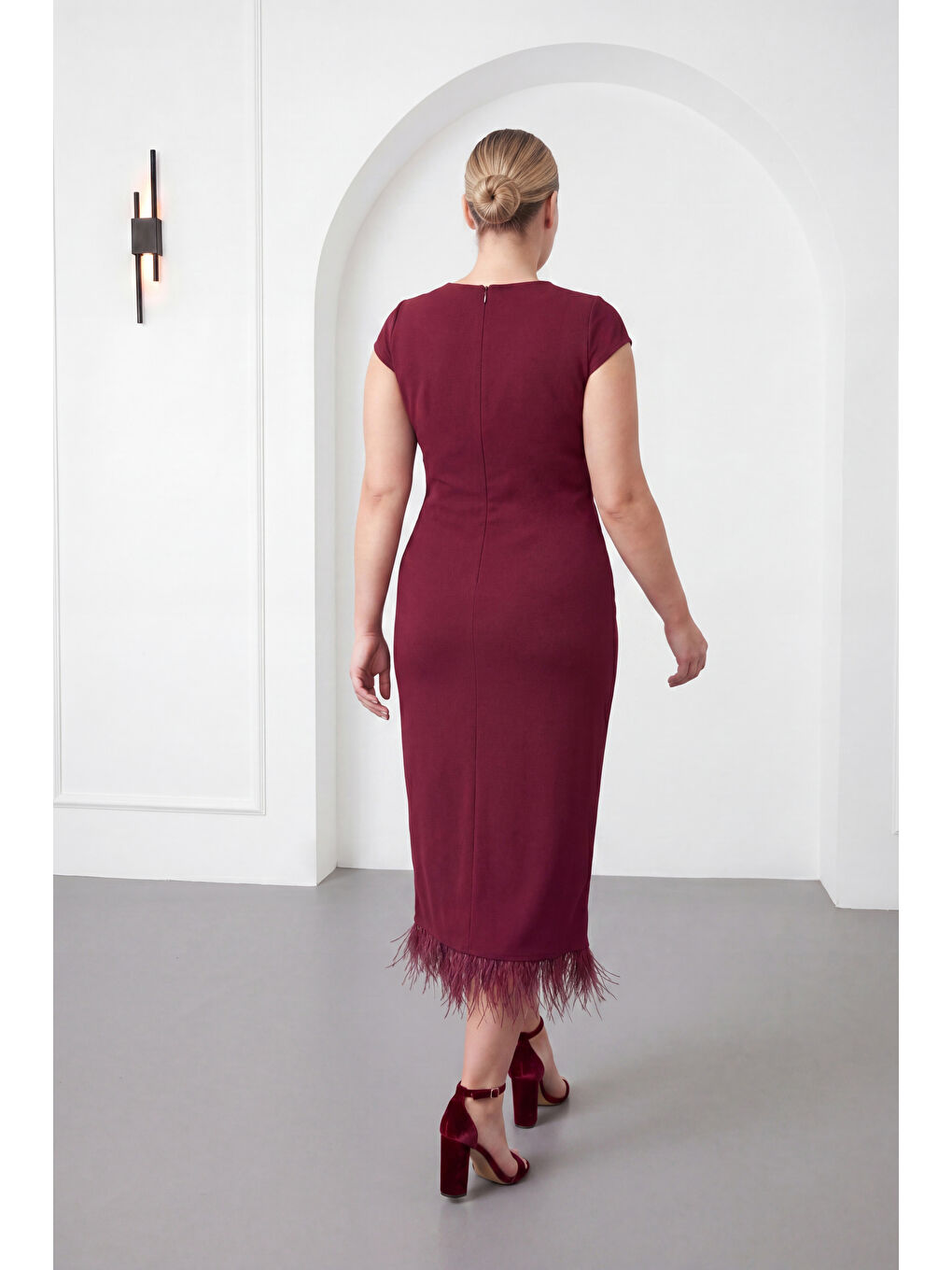 Kadın Bordo Büyük Beden Otrişli Örme Midi Abiye Elbise-5