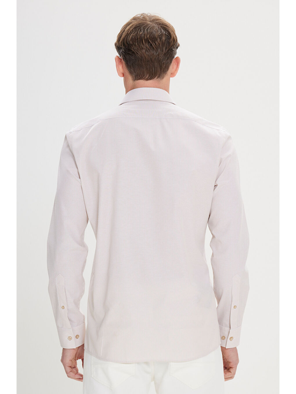 Bej Erkek Beyaz-Vizon Slim Fit Dar Kesim Klasik Yaka Pamuklu Armürlü Gömlek-4