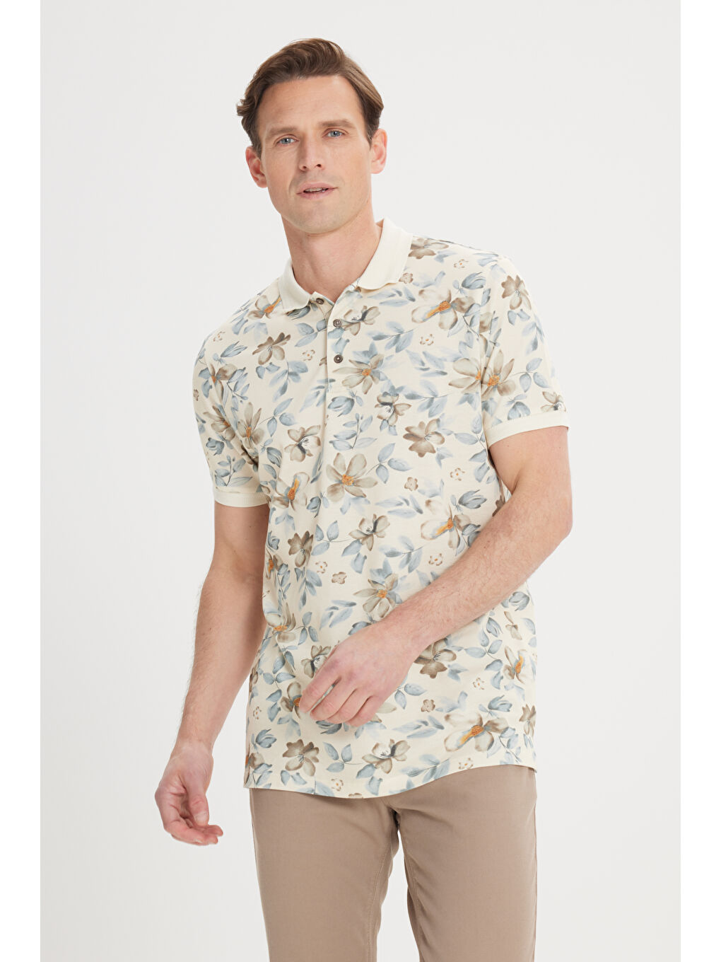 Erkek Bej-Vizon Slim Fit Dar Kesim %100 Pamuk Baskılı Polo Yaka Tişört