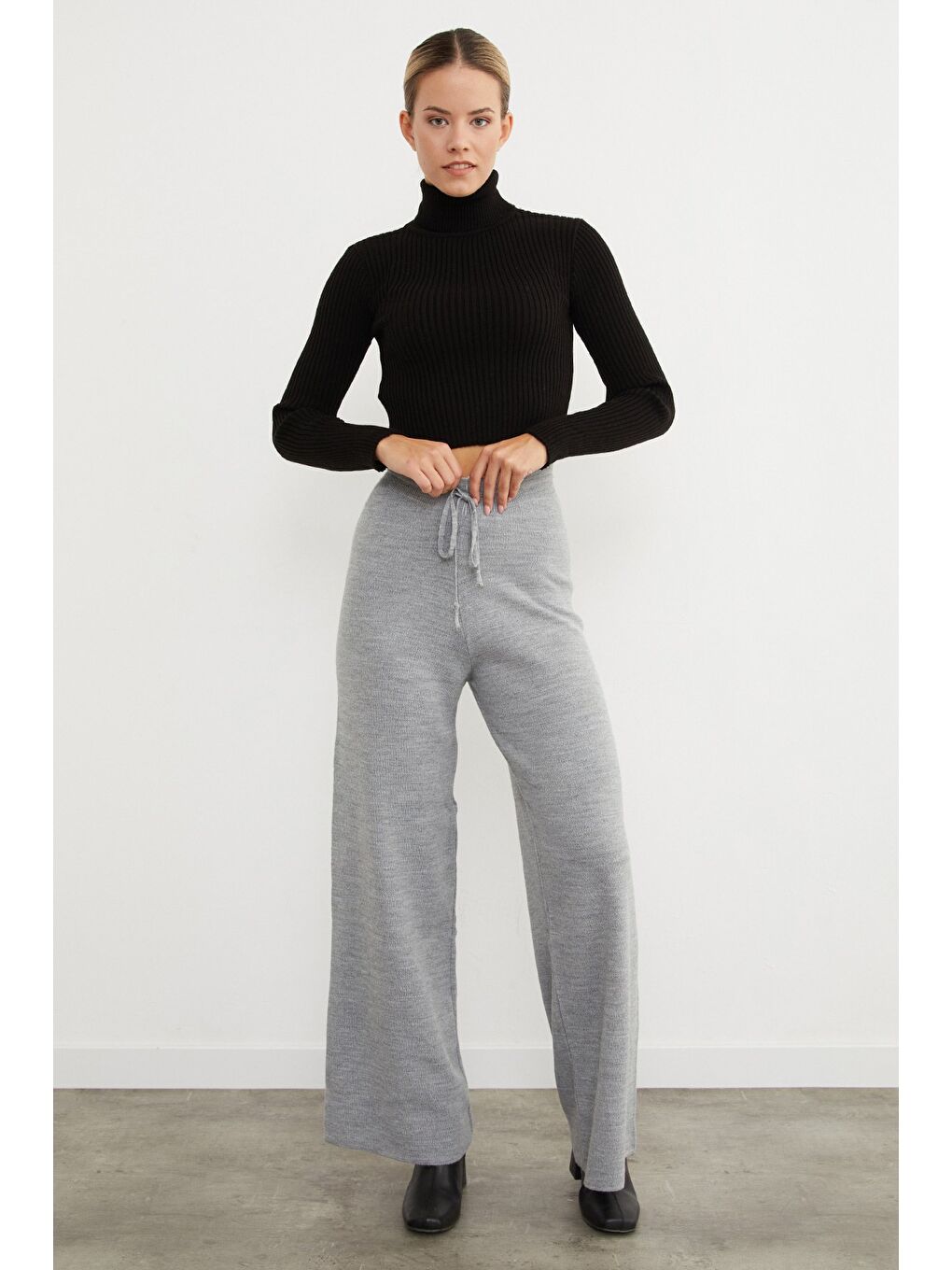 Gri Beli Lastikli Palazzo Triko Pantolon-2