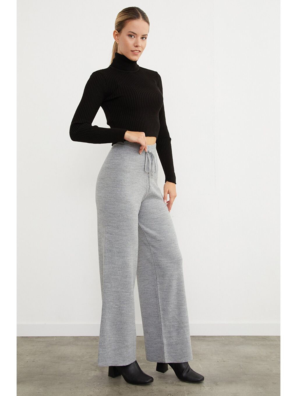 Gri Beli Lastikli Palazzo Triko Pantolon-3