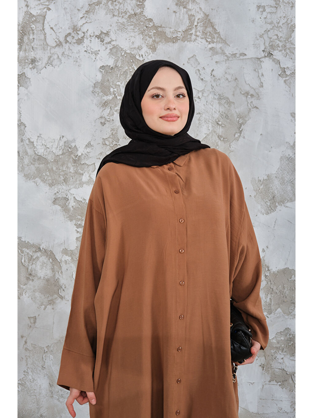 Kahverengi Kadın Gömlek Yaka Düğmeli Elbise Camel-1