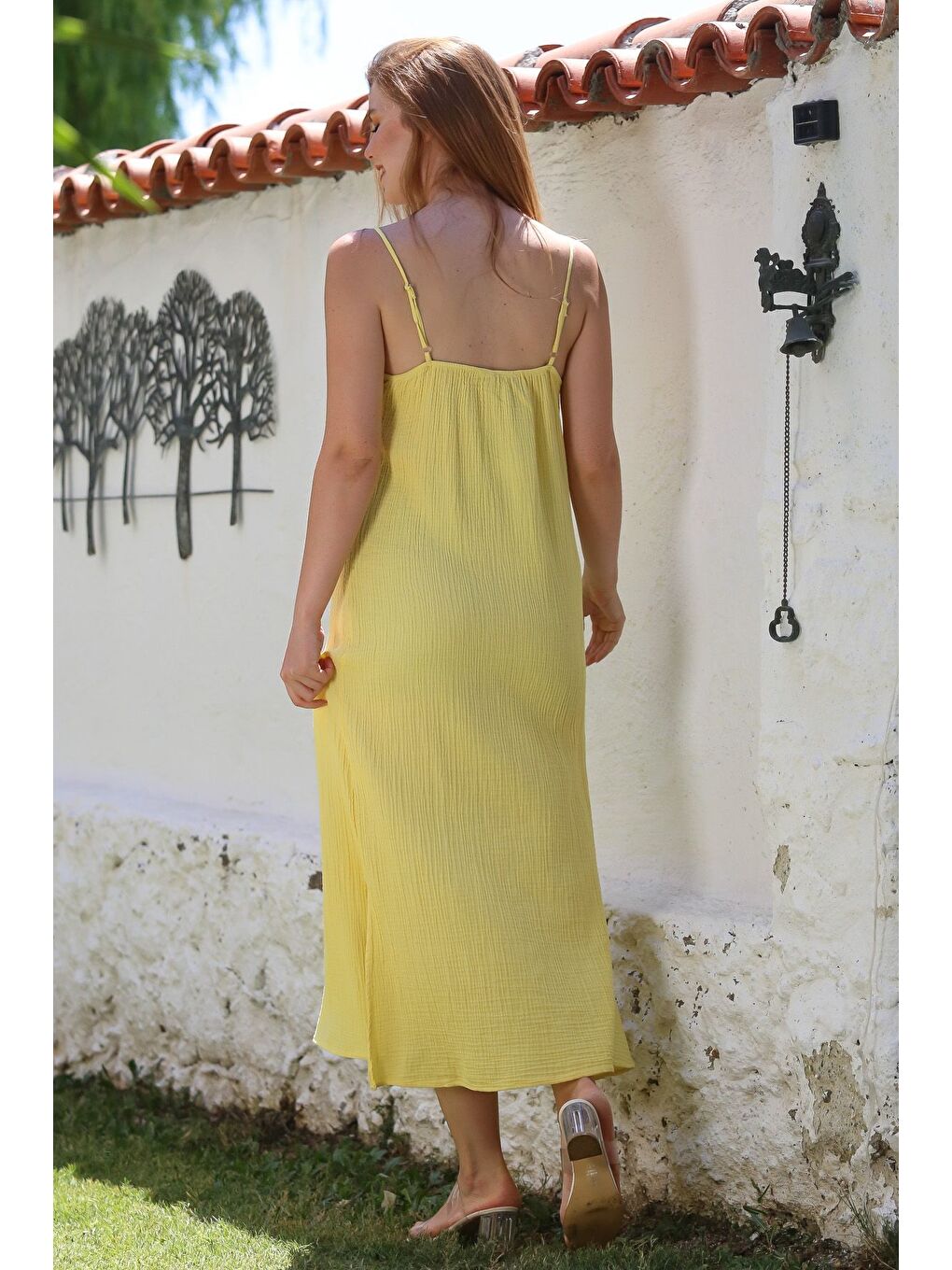 Sarı Açık Limon Askılı Yırtmaçlı Dantelli Casual Müslin Uzun Dokuma Elbise 128 55-1