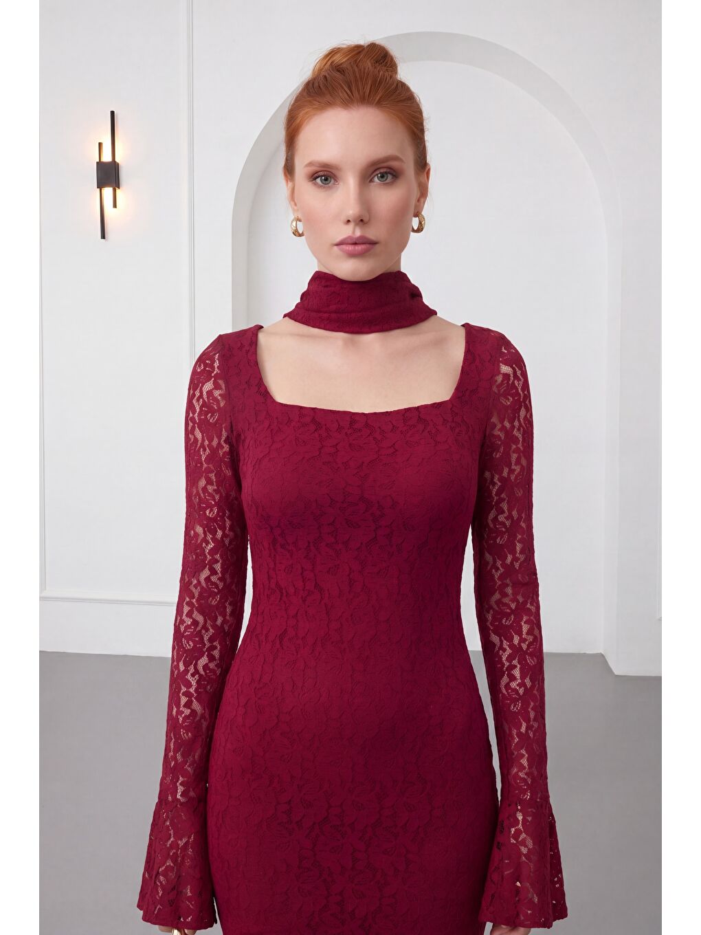 Kadın Bordo Şal Yaka Uzun Dantel Davet Elbisesi-3