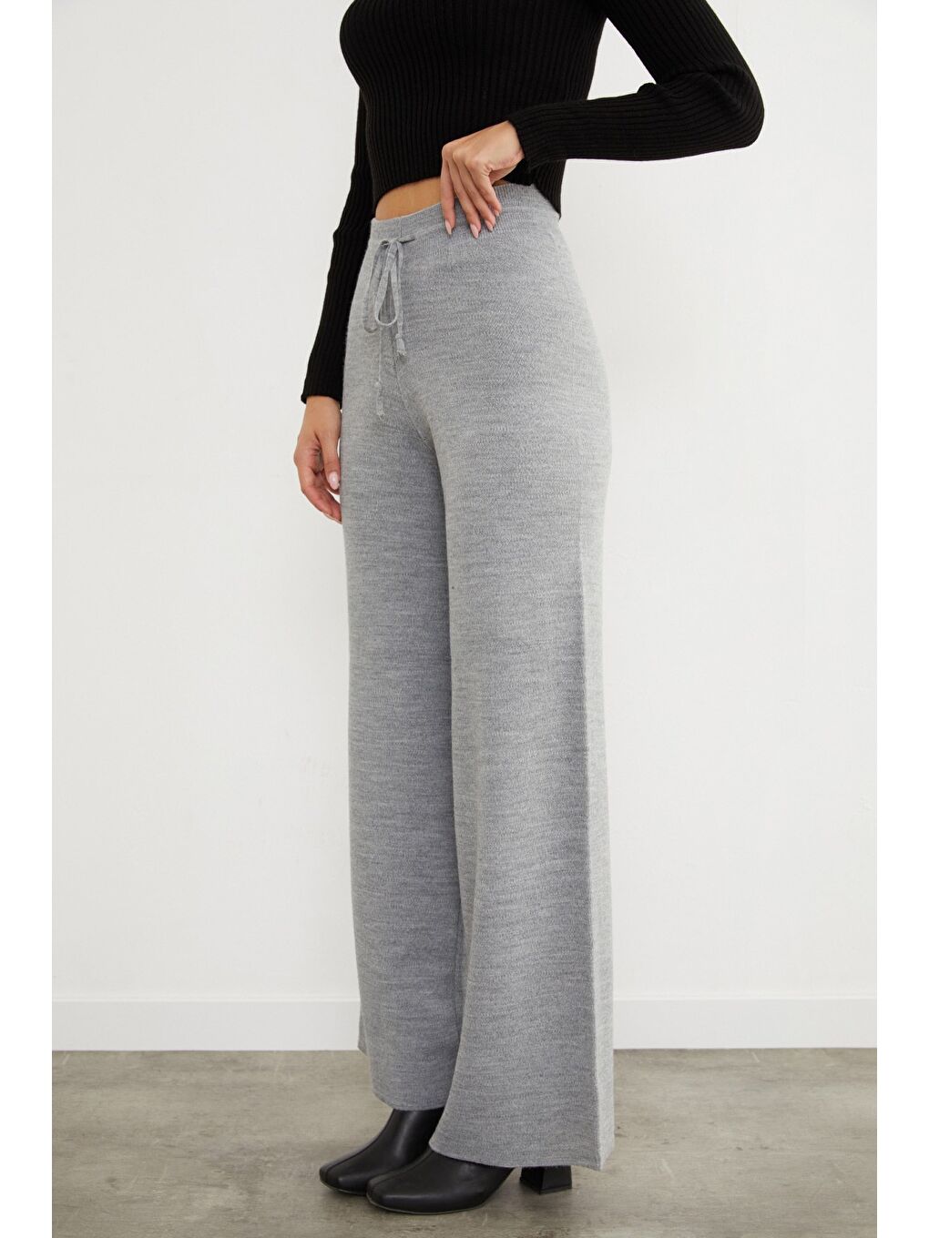Gri Beli Lastikli Palazzo Triko Pantolon-4