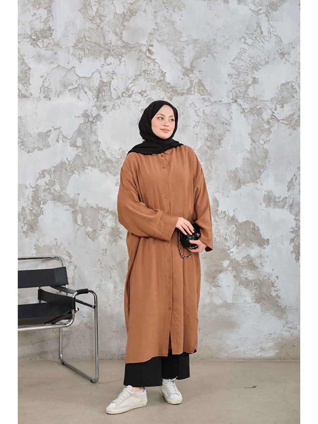 Kahverengi Kadın Gömlek Yaka Düğmeli Elbise Camel-2