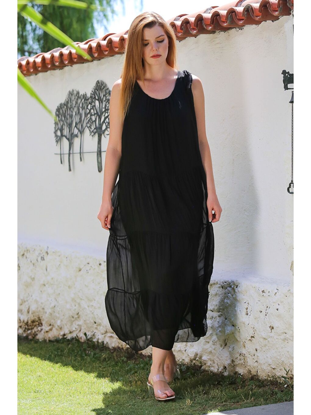 İtalyan Siyah Havuz Yaka Kolsuz Bağlamalı Astarlı Casual İpek Dokuma Elbise 130 65-5