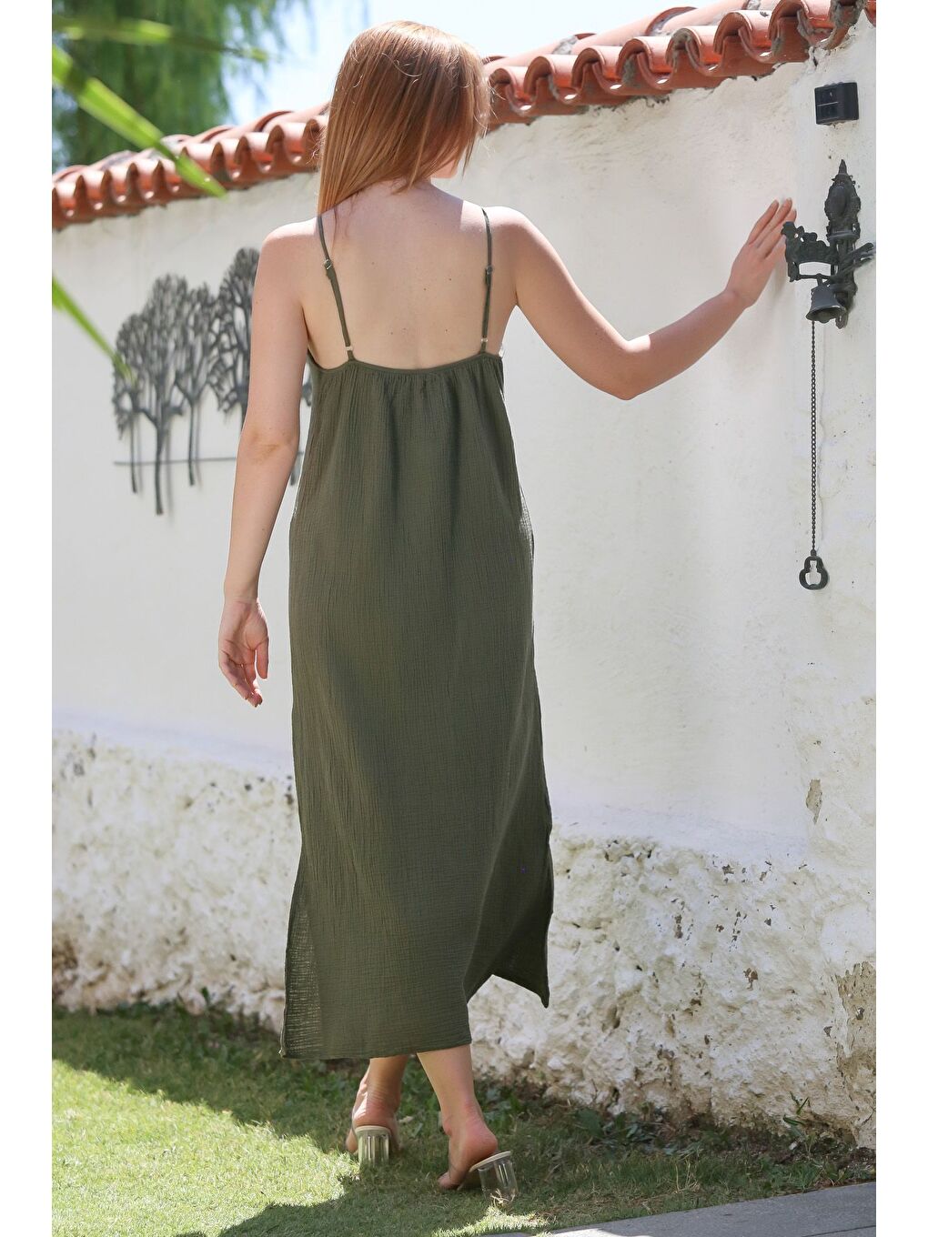 Haki Askılı Yırtmaçlı Dantelli Casual Müslin Uzun Dokuma Elbise 128 55-1