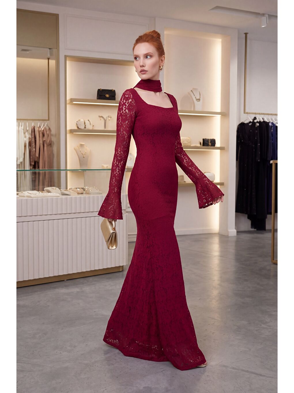 Kadın Bordo Şal Yaka Uzun Dantel Davet Elbisesi-4